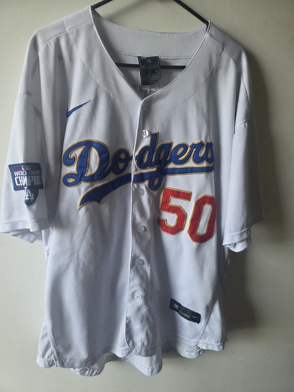 Nike Authentic LA Dodgers Mookie Betts #50 Jersey 48 L 2020 WS Patch Gold Trim